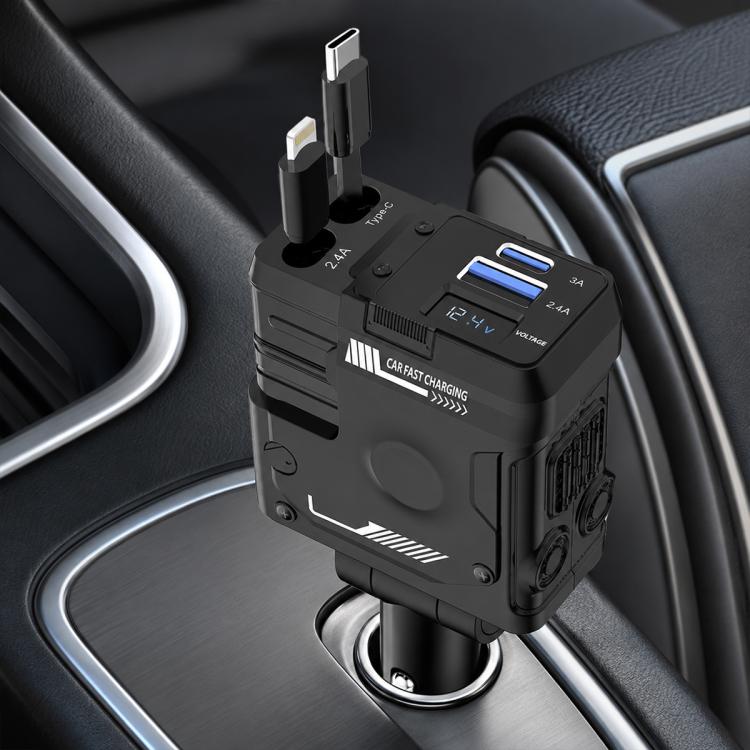 Caricabatterie da auto in stile meccanico con doppia porta Type-C e USB-A, dotato di cavo retrattile Type-C e a 8 pin.