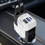 Caricabatterie da auto in stile meccanico con doppia porta Type-C e USB-A, dotato di cavo retrattile Type-C e a 8 pin.