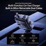 Caricabatterie da auto in stile meccanico con doppia porta Type-C e USB-A, dotato di cavo retrattile Type-C e a 8 pin.