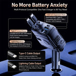 Caricabatterie da auto in stile meccanico con doppia porta Type-C e USB-A, dotato di cavo retrattile Type-C e a 8 pin.