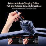 Caricabatterie da auto in stile meccanico con doppia porta Type-C e USB-A, dotato di cavo retrattile Type-C e a 8 pin.