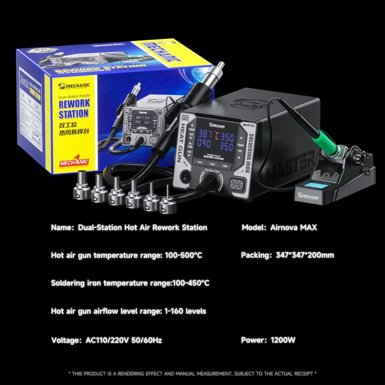 MECHANIC AirNova MAX 1200W Stazione di rilavorazione per saldatura ad aria calda a doppia stazione con controllo intelligente e controllo intelligente, EU Plug, US Plug