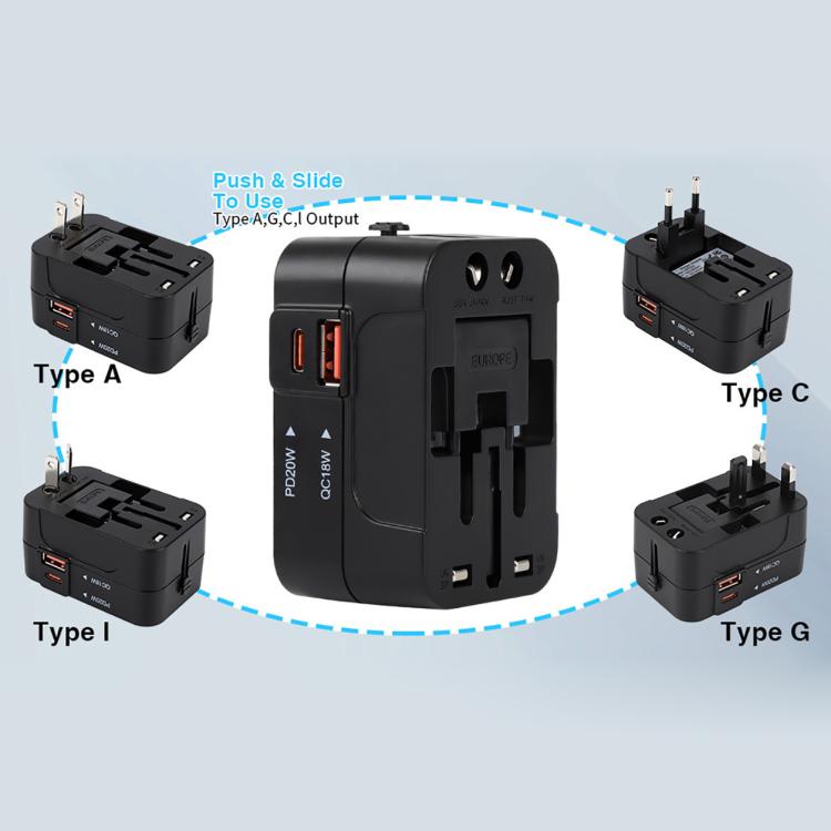 Adattatore da viaggio universale PD20W QC18W con presa di corrente multifunzione e caricatore integrato., PD20W+QC18W