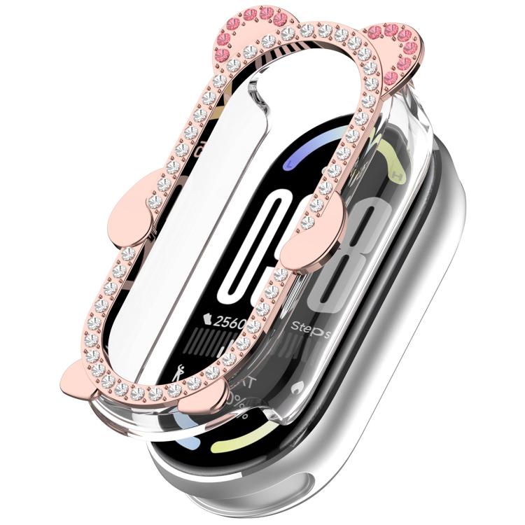 Cassa ibrida in metallo PC cava con copertura parziale in diamanti e orso., For Xiaomi Mi Band 8 / 8 NFC, For Xiaomi Smart Band 10 / 10 NFC, For Xiaomi Smart Band 9 / 9 NFC