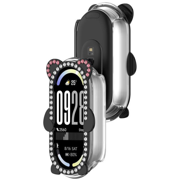 Cassa ibrida in metallo PC cava con copertura parziale in diamanti e orso., For Xiaomi Mi Band 8 / 8 NFC, For Xiaomi Smart Band 10 / 10 NFC, For Xiaomi Smart Band 9 / 9 NFC