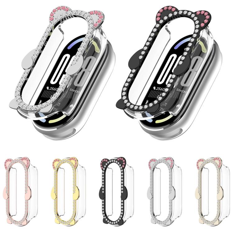 Cassa ibrida in metallo PC cava con copertura parziale in diamanti e orso., For Xiaomi Mi Band 8 / 8 NFC, For Xiaomi Smart Band 10 / 10 NFC, For Xiaomi Smart Band 9 / 9 NFC