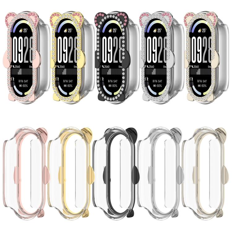 Cassa ibrida in metallo PC cava con copertura parziale in diamanti e orso., For Xiaomi Mi Band 8 / 8 NFC, For Xiaomi Smart Band 10 / 10 NFC, For Xiaomi Smart Band 9 / 9 NFC