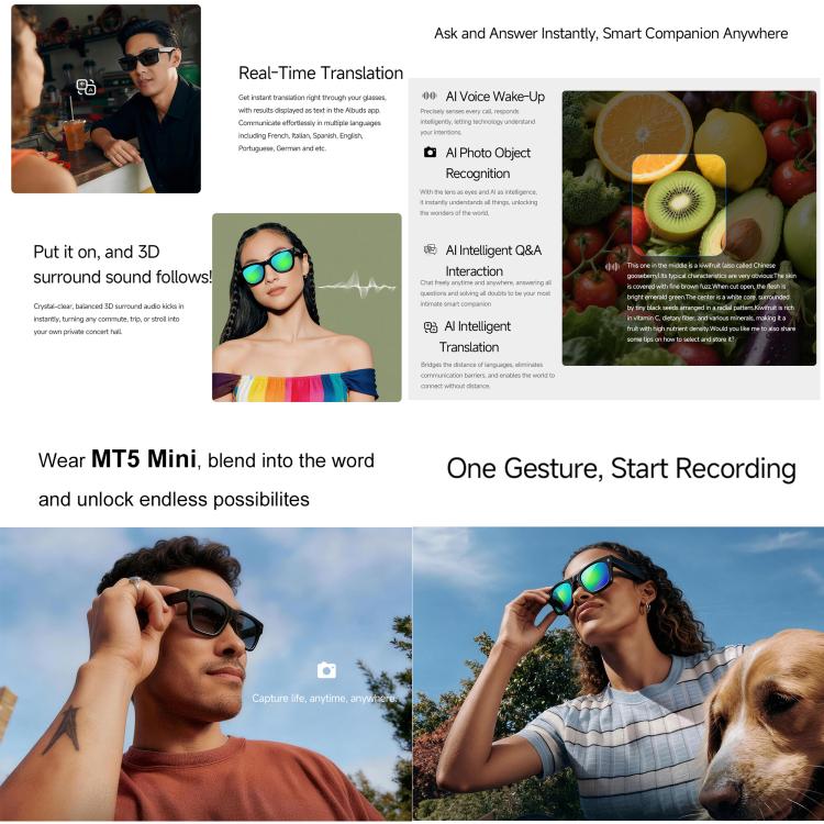 MT5 Mini Smart AI Audio Glasses, registrazione video AI, acquisizione foto AI, assistente vocale intelligente AI, Green Film Sunglasses, Anti Blue Light Lens