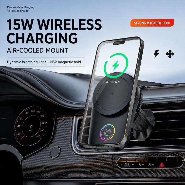 Supporto per auto con caricabatterie wireless magnetico da 15 W, girevole tramite touch screen, con raffreddamento integrato e luce RGB., T15