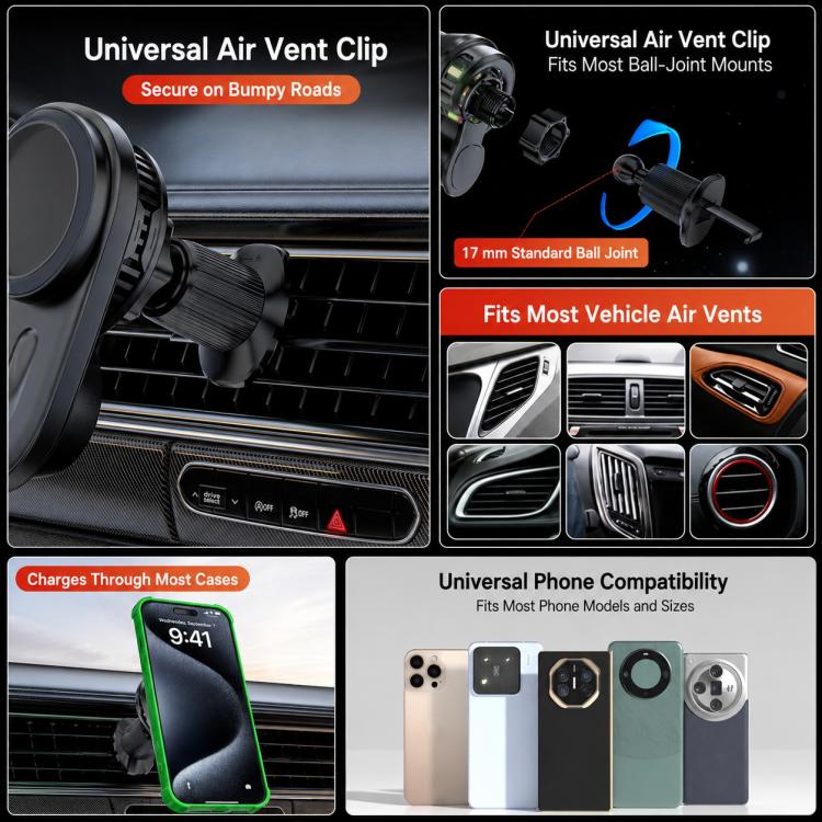 Supporto per auto con caricabatterie wireless magnetico da 15 W, girevole tramite touch screen, con raffreddamento integrato e luce RGB., T15