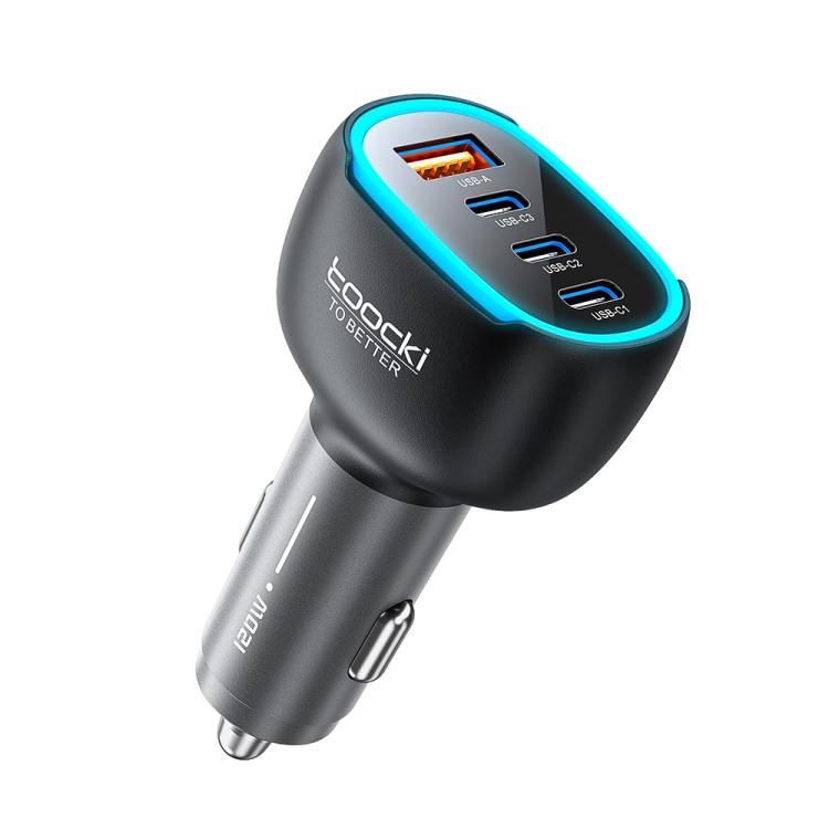 Caricabatterie da auto Toocki da 120 W in lega di zinco con 4 porte: 1 USB-A, 3 USB-C e luce ambientale., TQ-CC47B