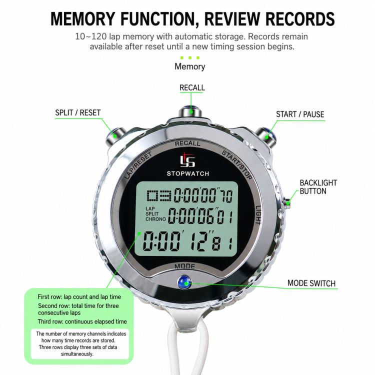Cronometro in metallo luminoso per sport, allenamento, nuoto e atletica leggera., YS-610L 10 Laps Memory, YS-630L 30 Laps Memory, YS-660L 60 Laps Memory, YS-6100L 100 Laps Memory