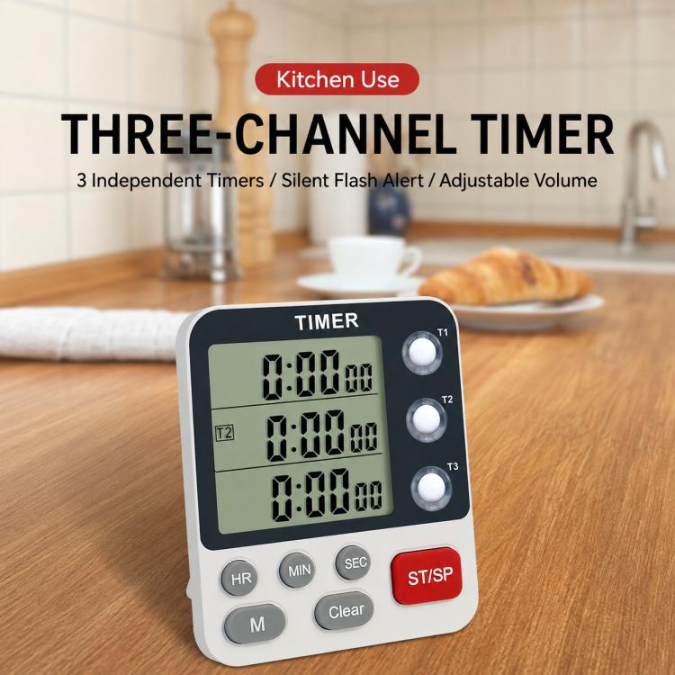 Timer da cucina YS-318 con conto alla rovescia a tre gruppi, funzione silenziosa e avviso luminoso lampeggiante., YS-318
