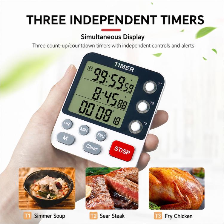 Timer da cucina YS-318 con conto alla rovescia a tre gruppi, funzione silenziosa e avviso luminoso lampeggiante., YS-318