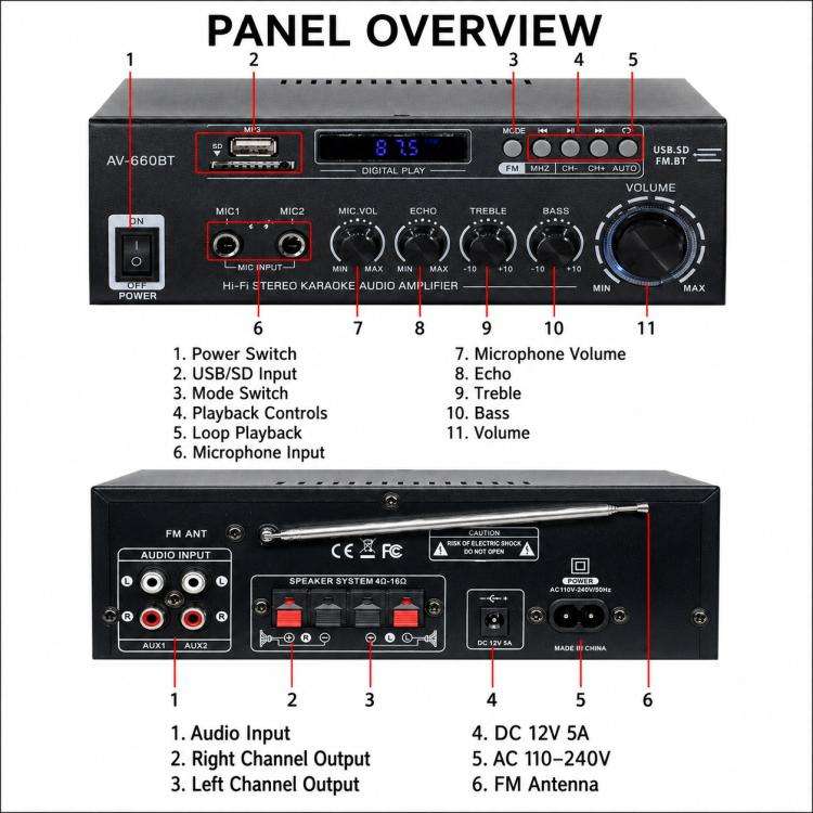 AV-660BT Amplificatore audio Bluetooth stereo per karaoke a 2 canali, EU Plug, US Plug, UK Plug