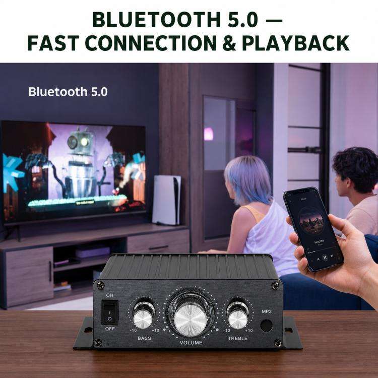 BT-888 Mini amplificatore Bluetooth 5.0 a 2 canali per uso domestico e in auto, No Adapter & BT, No Adapter Support BT, BT Version + US Plug, BT Version + EU Plug
