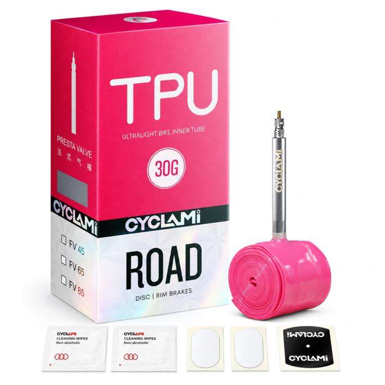 Camera d'aria per bicicletta CYCLAMi in TPU ultraleggera, 30g-Road-FV45mm, 30g-Road-FV65mm, 30g-Road-FV85mm, 45g-Gravel-FV45mm, 45g-Gravel-FV65mm, 65g-MTB-26in, 65g-MTB-27.5in, 65g-MTB-29in