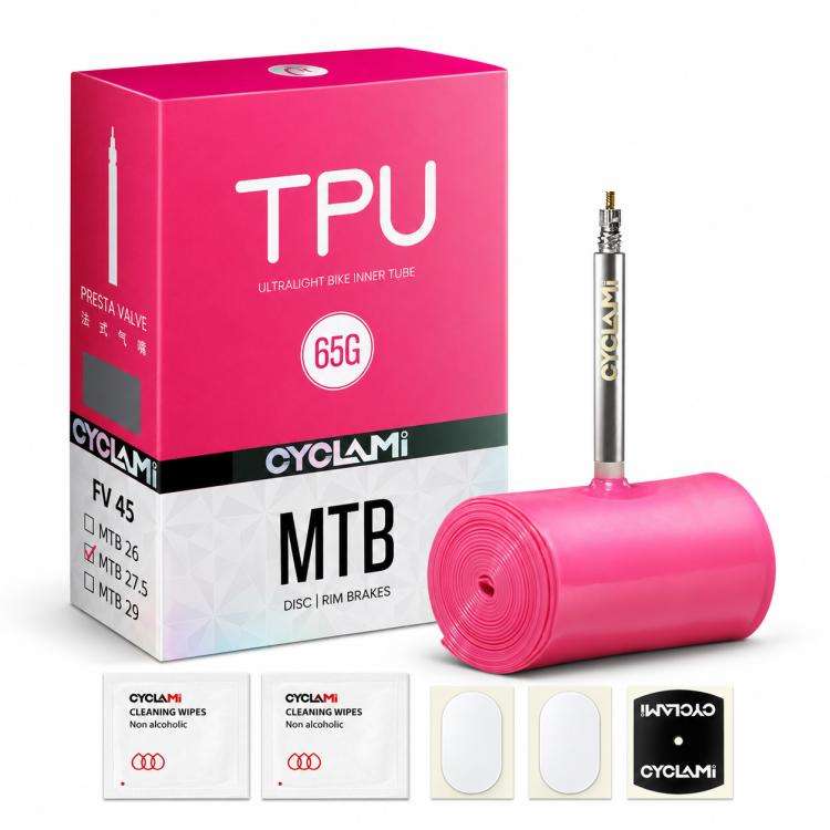 Camera d'aria per bicicletta CYCLAMi in TPU ultraleggera, 30g-Road-FV45mm, 30g-Road-FV65mm, 30g-Road-FV85mm, 45g-Gravel-FV45mm, 45g-Gravel-FV65mm, 65g-MTB-26in, 65g-MTB-27.5in, 65g-MTB-29in