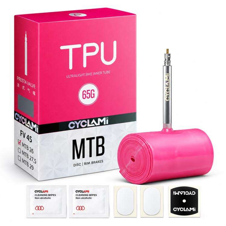 Camera d'aria per bicicletta CYCLAMi in TPU ultraleggera, 30g-Road-FV45mm, 30g-Road-FV65mm, 30g-Road-FV85mm, 45g-Gravel-FV45mm, 45g-Gravel-FV65mm, 65g-MTB-26in, 65g-MTB-27.5in, 65g-MTB-29in