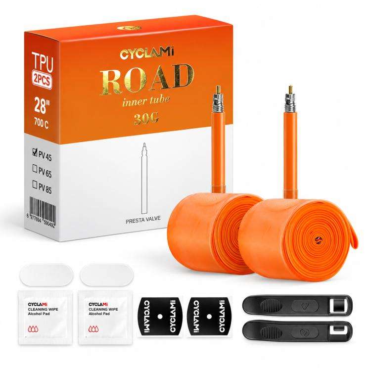 Camera d'aria per bicicletta in TPU ultraleggera CYCLAMi (2 pezzi/confezione), 30g-Road-PV45mm, 30g-Road-PV65mm, 30g-Road-PV85mm, 46g-Gravel-PV45mm, 46g-Gravel-PV65mm
