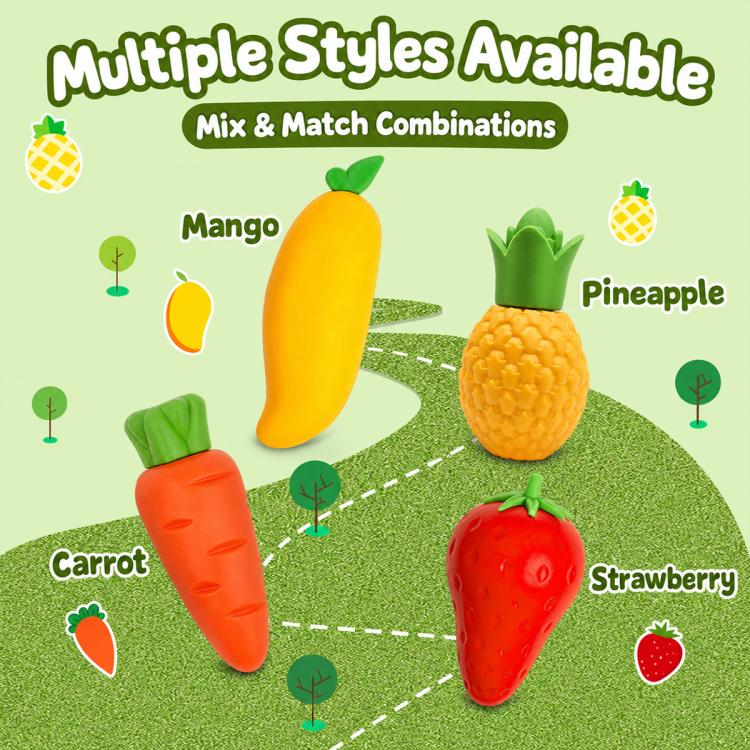 Confezione da 10 gomme da cancellare giganti a forma di frutta, simpatiche e creative, con disegni animati.