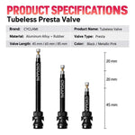 CYCLAMi - Coppia di valvole tubeless per bicicletta in alluminio (tipo Presta) con prolunga, 45mm, 65mm, 85mm
