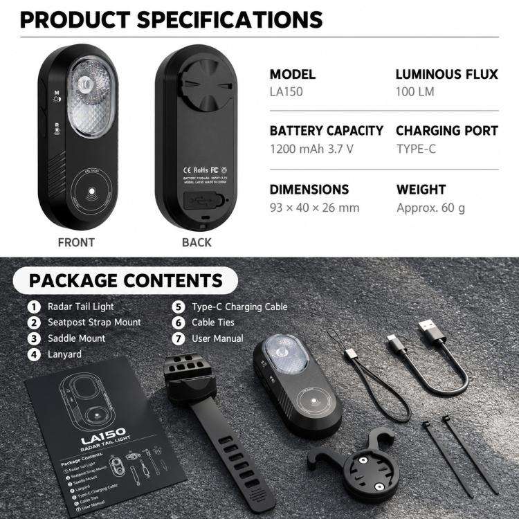 CYCLAMi LA150 Cycling Smart Radar Tail Light Compatible with Bike Computer, LA150