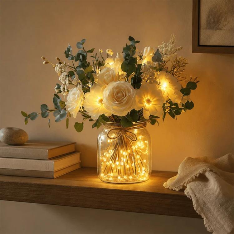 LED Faux Flower Bouquet Glass Bottle Decorative Light Desktop Ornament, 7CM x 7CM x 13CM