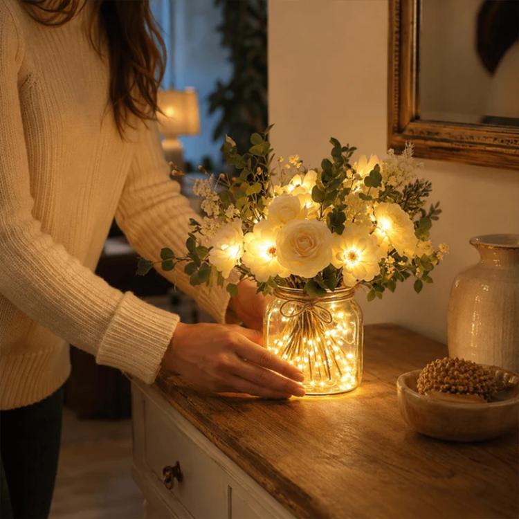 LED Faux Flower Bouquet Glass Bottle Decorative Light Desktop Ornament, 7CM x 7CM x 13CM