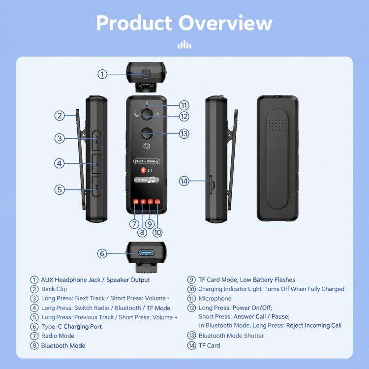 C23 Portable Clip-on Mini Bluetooth Radio MP3 Player with 3.5mm Earphone
