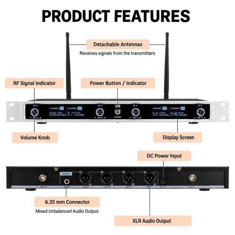 XTUGA CM240 UHF 4-Channel Wireless Conference Microphone System, EU Plug, US Plug, UK Plug, AU Plug