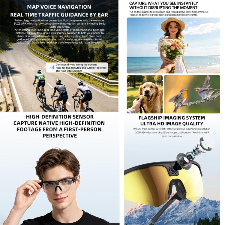 Q02 Ultra Cycling AI Smart Glasses with 8MP Camera, AI Translation, Video Recording, Voice Assistant, Ice Green Lens, Ice Purple Lens, Orange Lens, Gold Yellow Lens, Sunglasses Lens, Transparent Lens