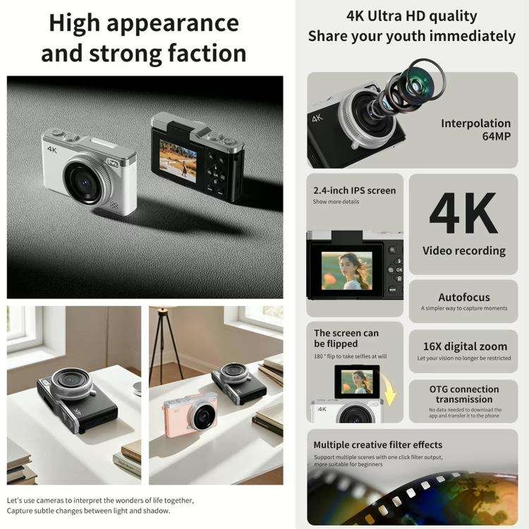 D72 4K Digital Camera with 180 Degree Flip Screen, 5MP Sensor, AF Auto Focus, 16X Digital Zoom and Flash