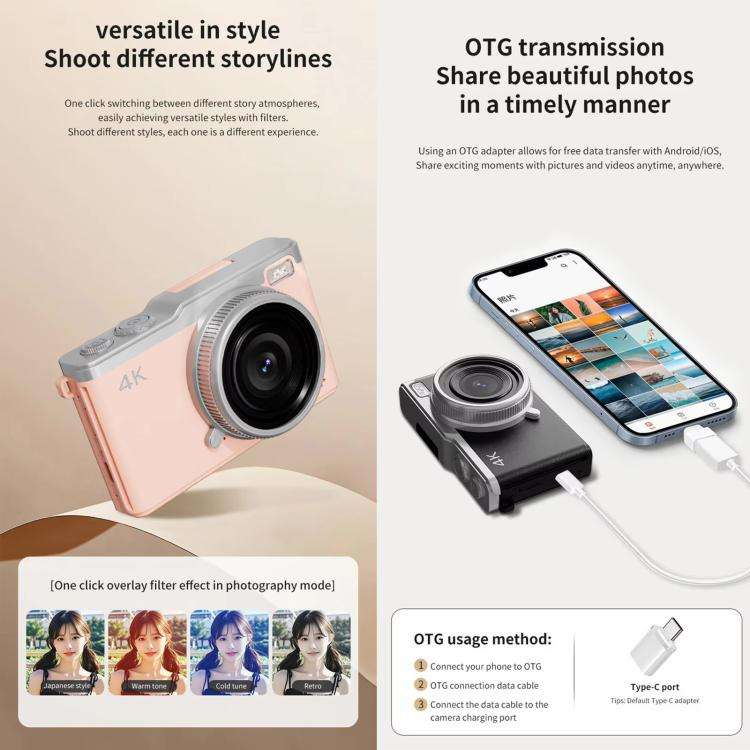 D72 4K Digital Camera with 180 Degree Flip Screen, 5MP Sensor, AF Auto Focus, 16X Digital Zoom and Flash