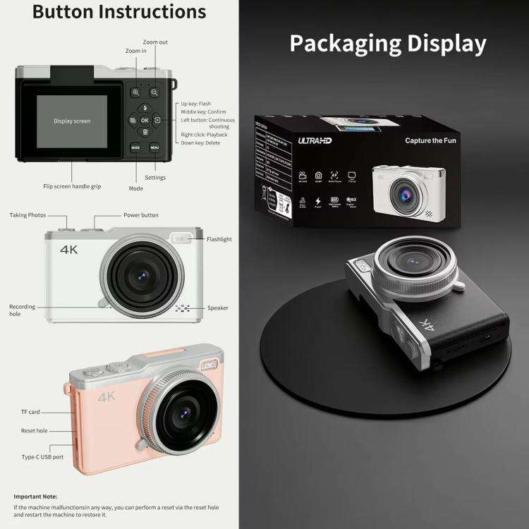 D72 4K Digital Camera with 180 Degree Flip Screen, 5MP Sensor, AF Auto Focus, 16X Digital Zoom and Flash