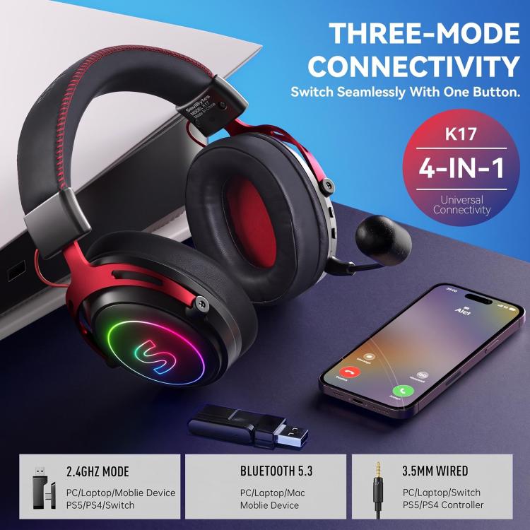 Cuffie da gaming RGB SoulBytes K17 Tri-mode (Bluetooth, 2.4G, cablate) con microfono rimovibile