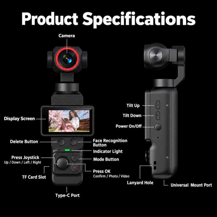 LK-036 Videocamera tascabile con gimbal, display da 1,97 pollici, risoluzione 1080P HD, ideale per vlog e con supporto per il riconoscimento facciale., LK-036