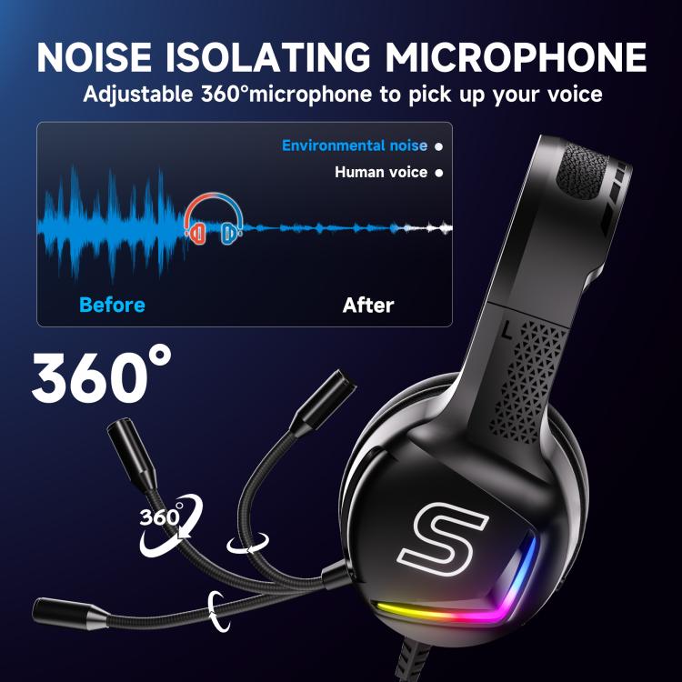 Cuffie da gaming cablate USB Soulbytes S350 con microfono, RGB e connettore jack da 3,5 mm a 4 poli, S350