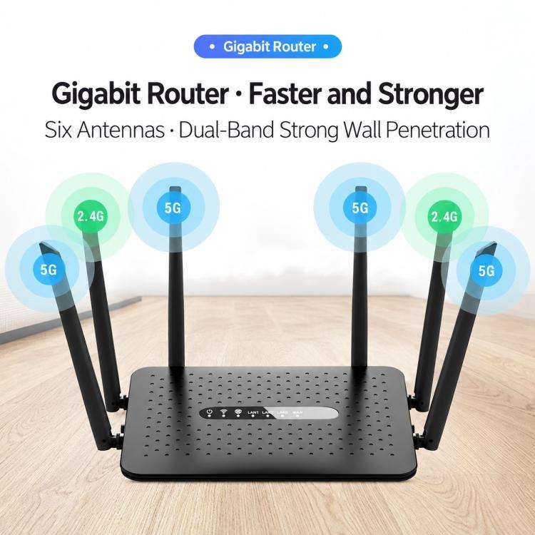 6-Antenna Full Network 1200M Dual-Band 2.4G & 5G Gigabit Wireless Router, EU Plug, US Plug, AU Plug