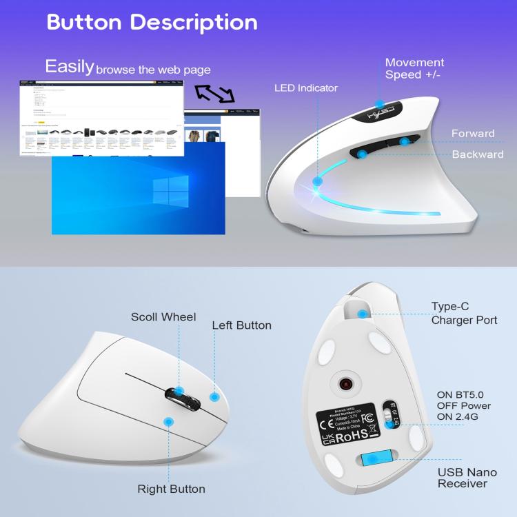 Mouse verticale HXSJ T22 2.4G BT5.1 Dual Mode