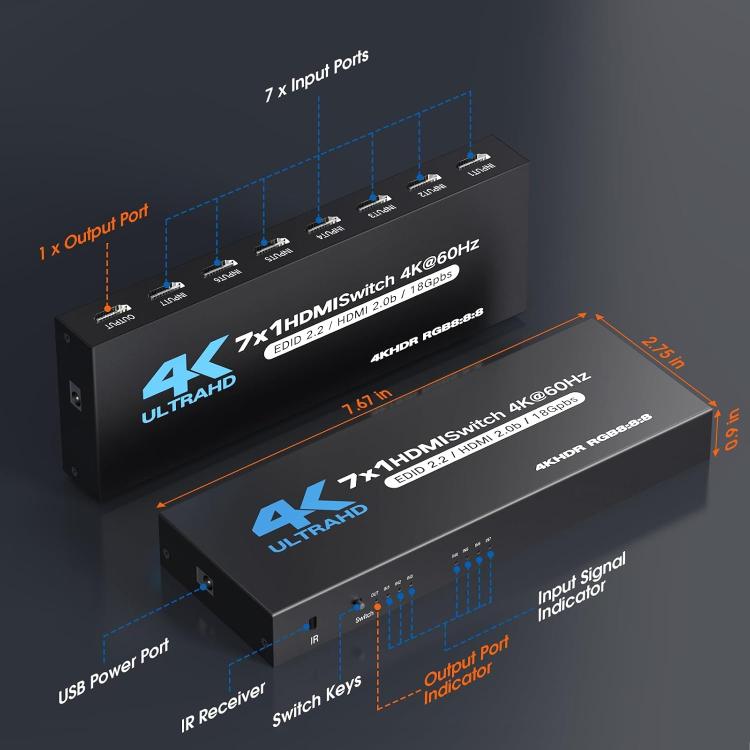 Switch HDMI 2.0 7-in-1-out 4K 60Hz S31 con telecomando, S31