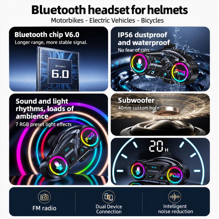 Auricolare Bluetooth per casco da moto Y13 con illuminazione RGB, Hard Mic, Soft Mic, Hard + Soft Mic