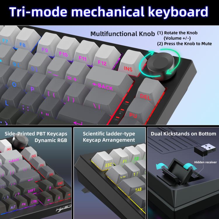Tastiera meccanica da gaming HXSJ X81 a 81 tasti, con modalità BT5.3 + 2.4G + cablata