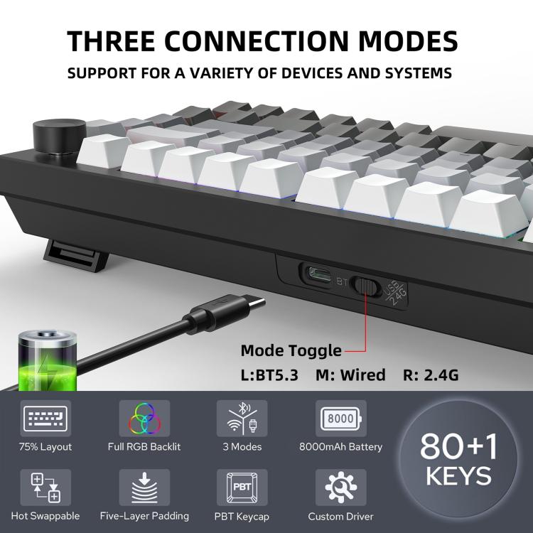 Tastiera meccanica da gaming HXSJ X81 a 81 tasti, con modalità BT5.3 + 2.4G + cablata