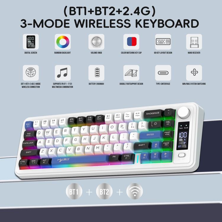 HXSJ L68 68-Key RGB Backlit Tri-Mode Wireless Keyboard with Display and Multimedia Knob