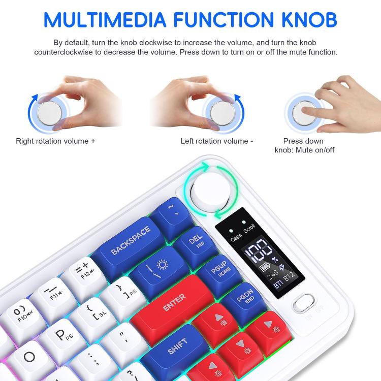 HXSJ L68 68-Key RGB Backlit Tri-Mode Wireless Keyboard with Display and Multimedia Knob