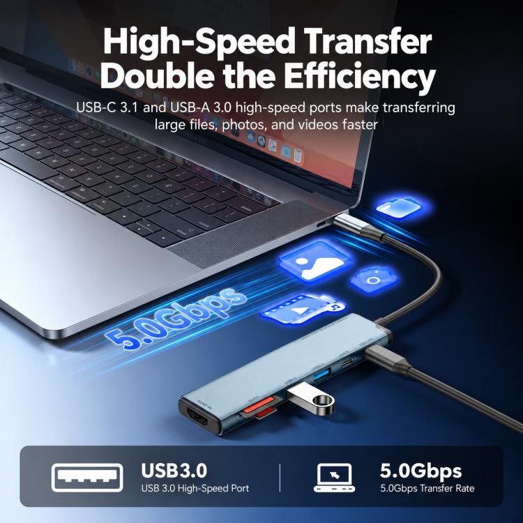 Yesido HB28 7-in-1 Multifunctional SD /TF Card Reader, 100W USB-A, Type-C, HDTV HUB Adapter