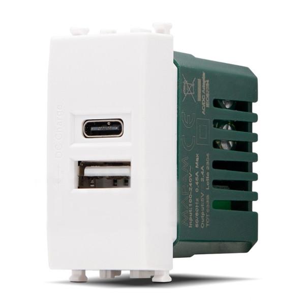 Doppia presa USB A e USB C 5V 2.4A compatibile Vimar Plana