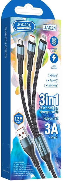 Cavo ricarica 3in1 microUSB Lightning Type C 1,2m 3A JA024