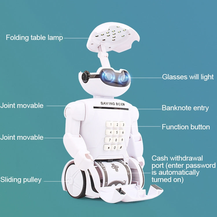 Salvadanaio robot con codice e luce blu per bambini